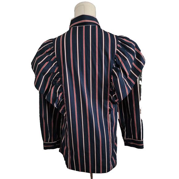 Pixie Market Button Down Poplin Statement Shirt Stripe Ruffled Shoulder Small - Picture 3 of 6